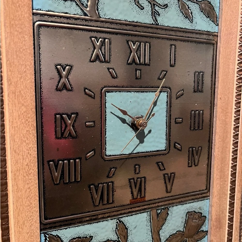 Veg Mid Century 3 Panel Teal/Green Wall Art Clock W/Hummingbirds & Tulips Quarts